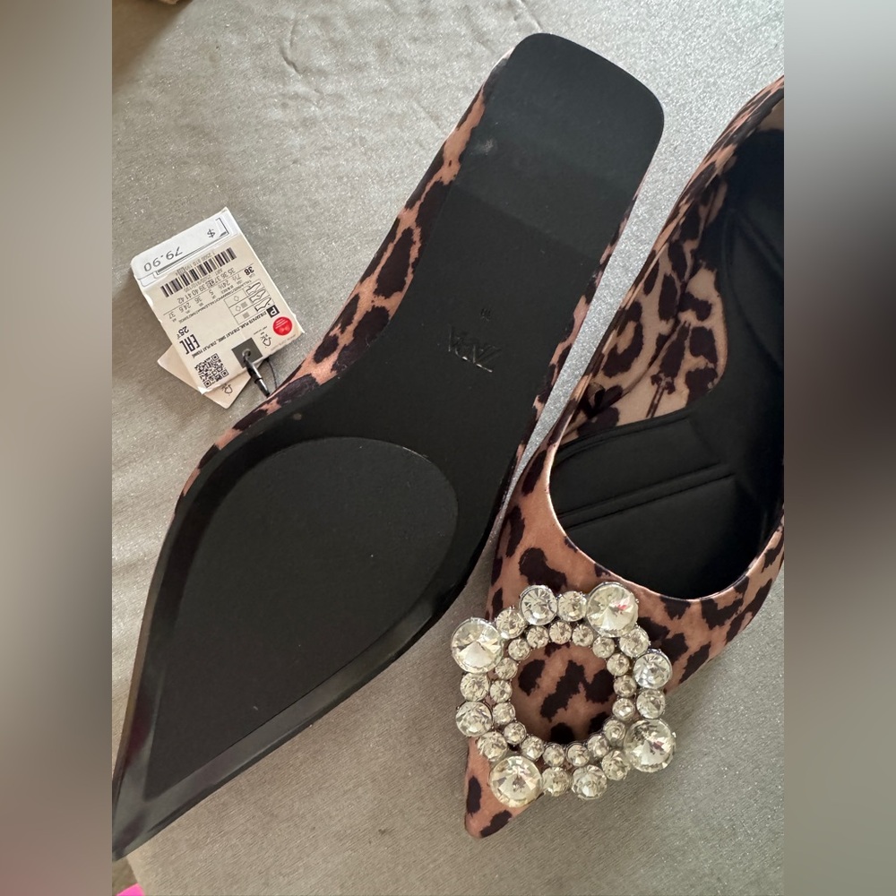 Zara Leopard Print Pointed Flats with Crystal Circle Buckle - Picture 2 of 3